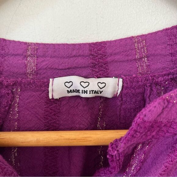 Made in Italy Vibrant Purple Textured Sparkly Peasant Boho Button Down Blouse - Picture 5 of 7
